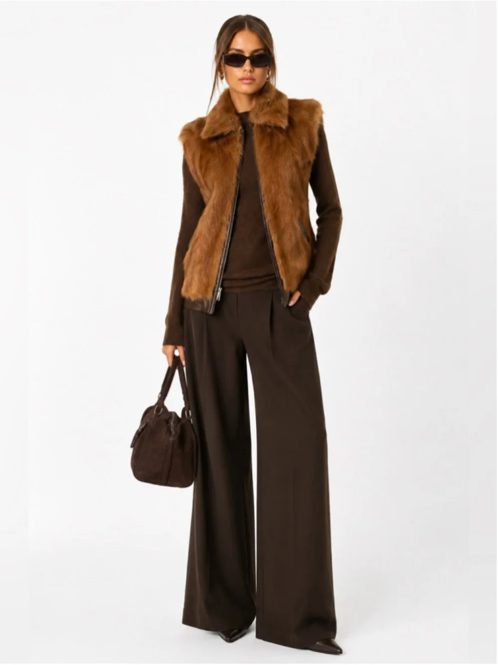 Vintage Genuine Fur Leather Trim Vest Brown Caramel Statement Gilet